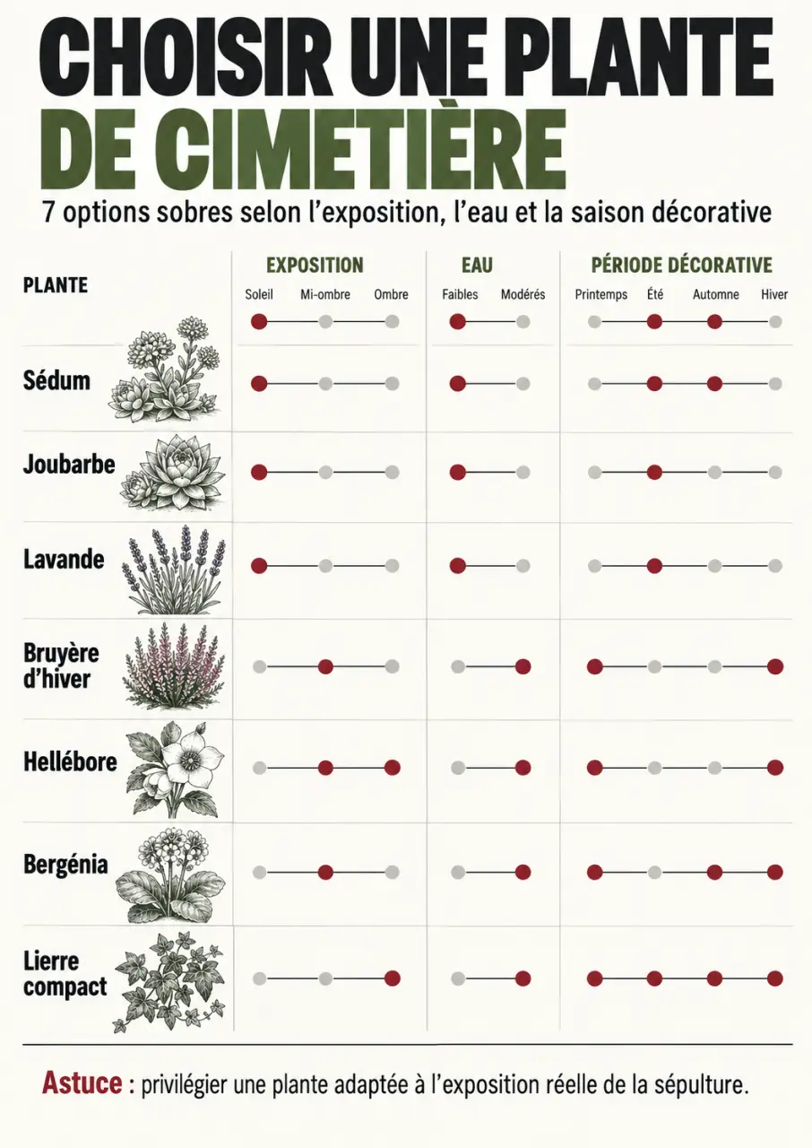 Infographie comparative pour choisir une plante de cimetière selon l’exposition, la floraison et les besoins en arrosage