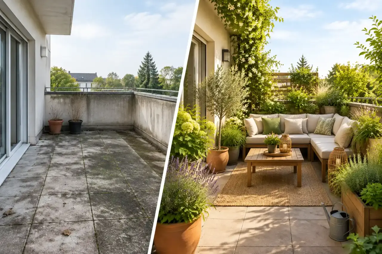 Terrasse transformée en refuge végétal avec plantes, mobilier en bois et lumière douce