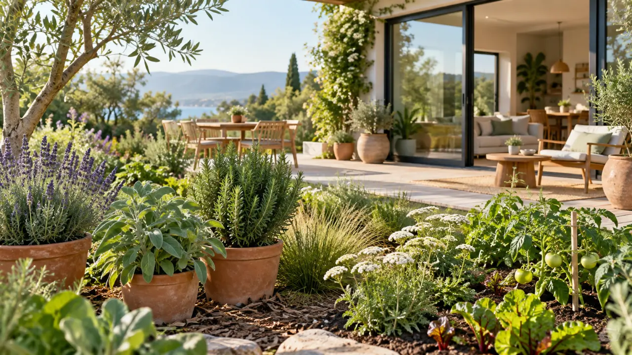 Jardin résilient composé de plantes vivaces, de graminées et d'arbustes adaptés au climat local