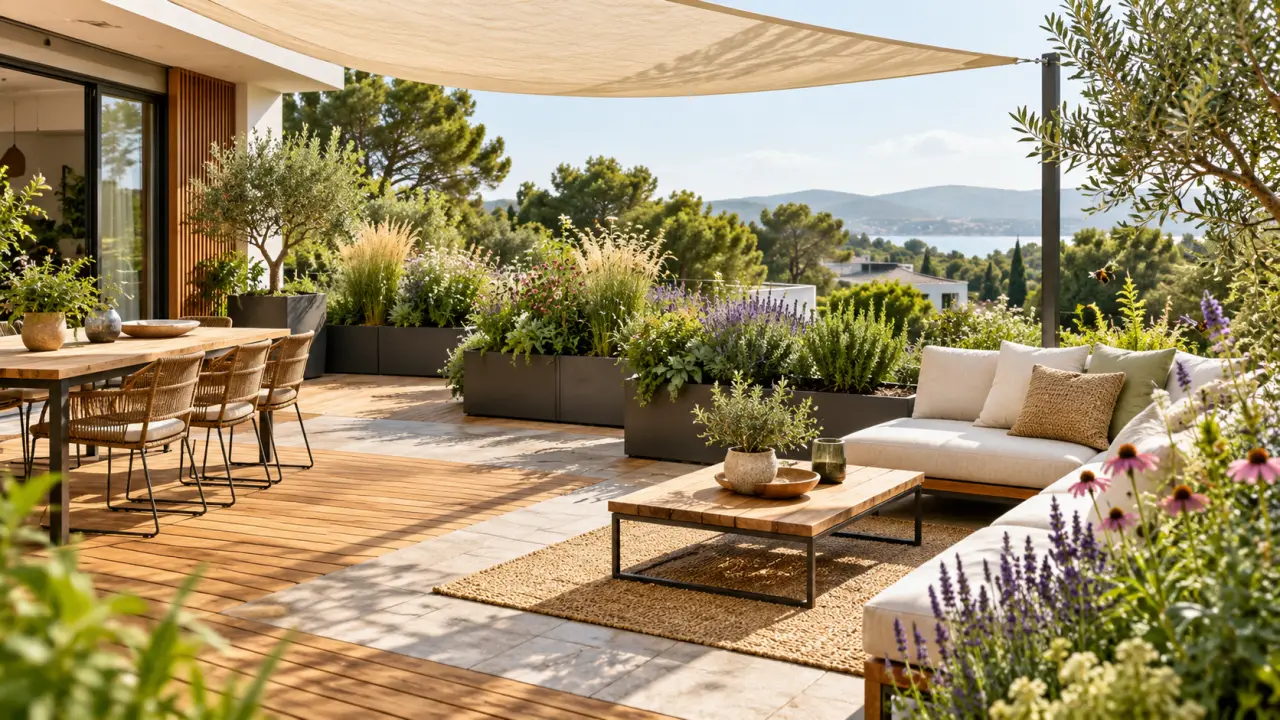 Terrasse durable associant un sol naturel, un coin ombragé et des plantes favorables à la biodiversité