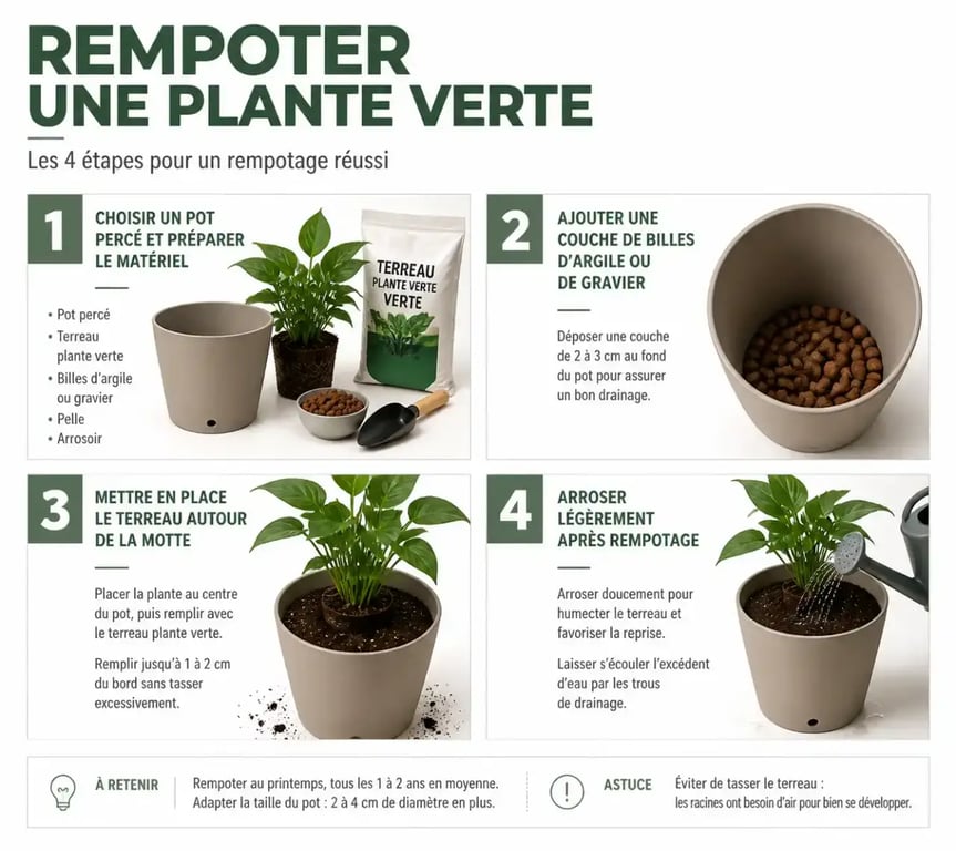 Schéma du rempotage avec terreau plante verte en quatre étapes