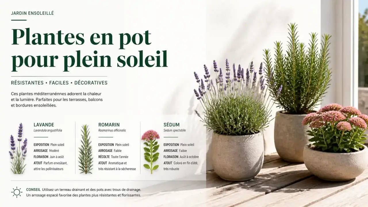 Plantes pour terrasse ensoleillée : lavande, romarin et sédum en pots