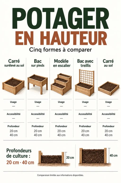 Infographie comparative des modèles de potager en hauteur et de leurs profondeurs de culture