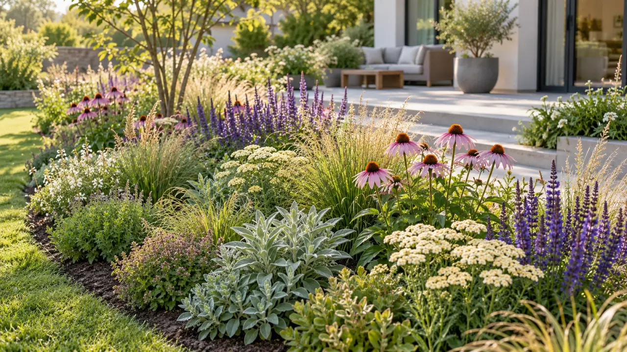 Massif de plantes vivaces fleuri au pied d'une maison