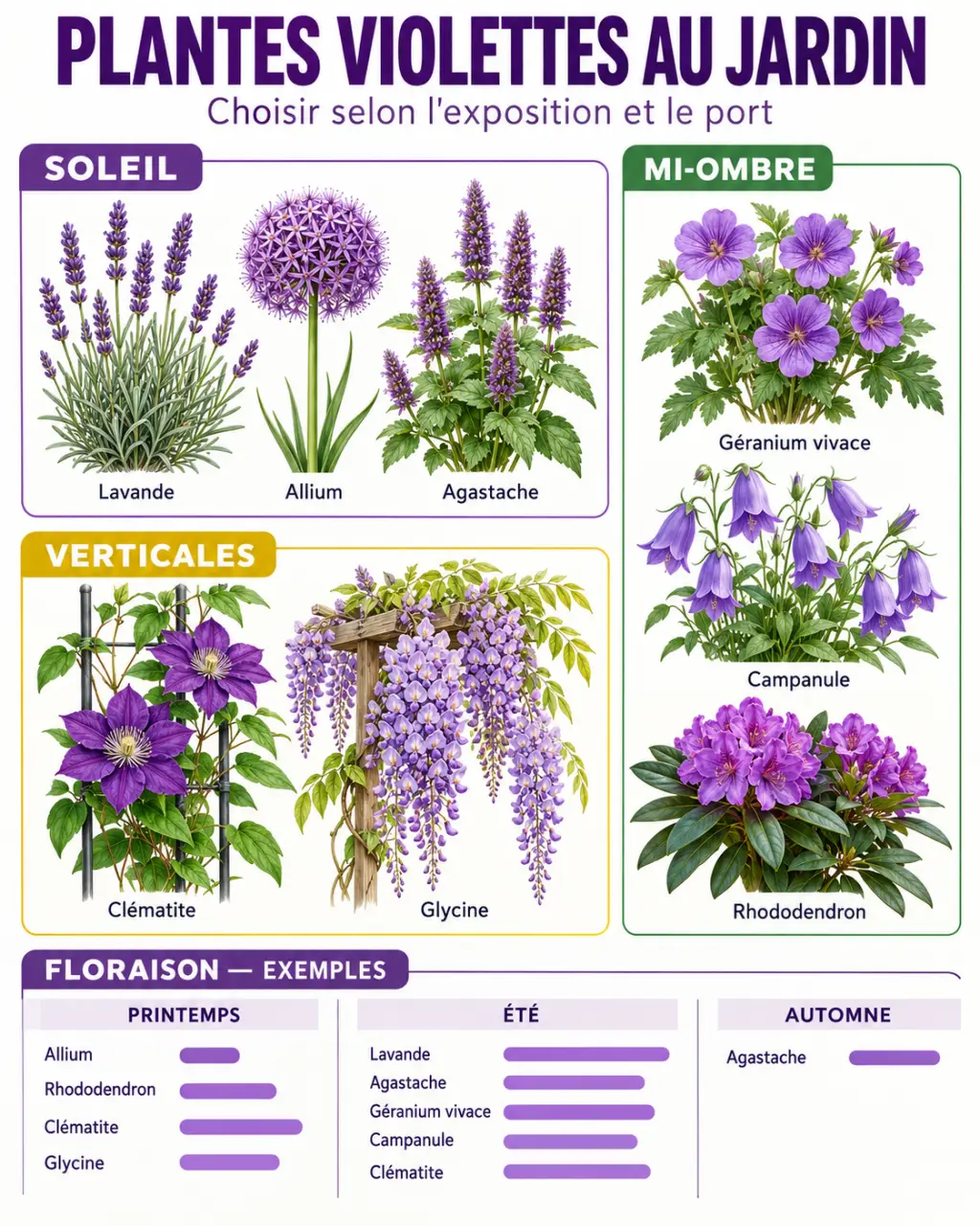 Infographie des plantes violettes à choisir selon l’exposition et la saison de floraison