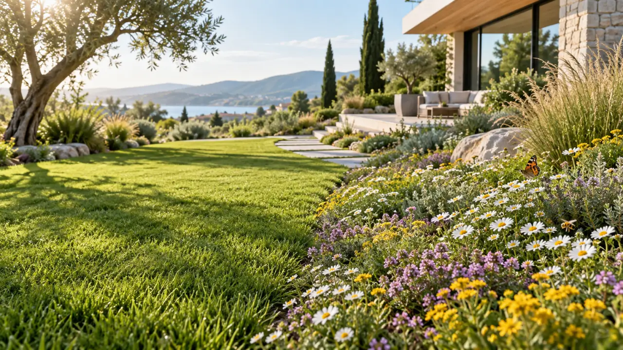 Jardin paysager associant une pelouse naturelle et des couvre-sols fleuris
