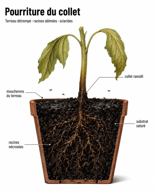 Maladie des plantes vertes : base de tige molle, terreau détrempé et racines abîmées autour d’un pot pour diagnostiquer la pourriture du collet