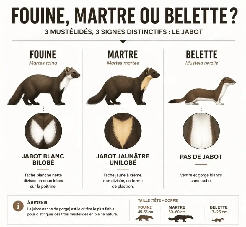 Tableau comparatif fouine dans le jardin face à martre et belette selon la forme du jabot