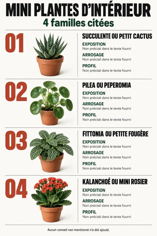 Infographie comparative des mini plantes d’intérieur selon la lumière et l’arrosage