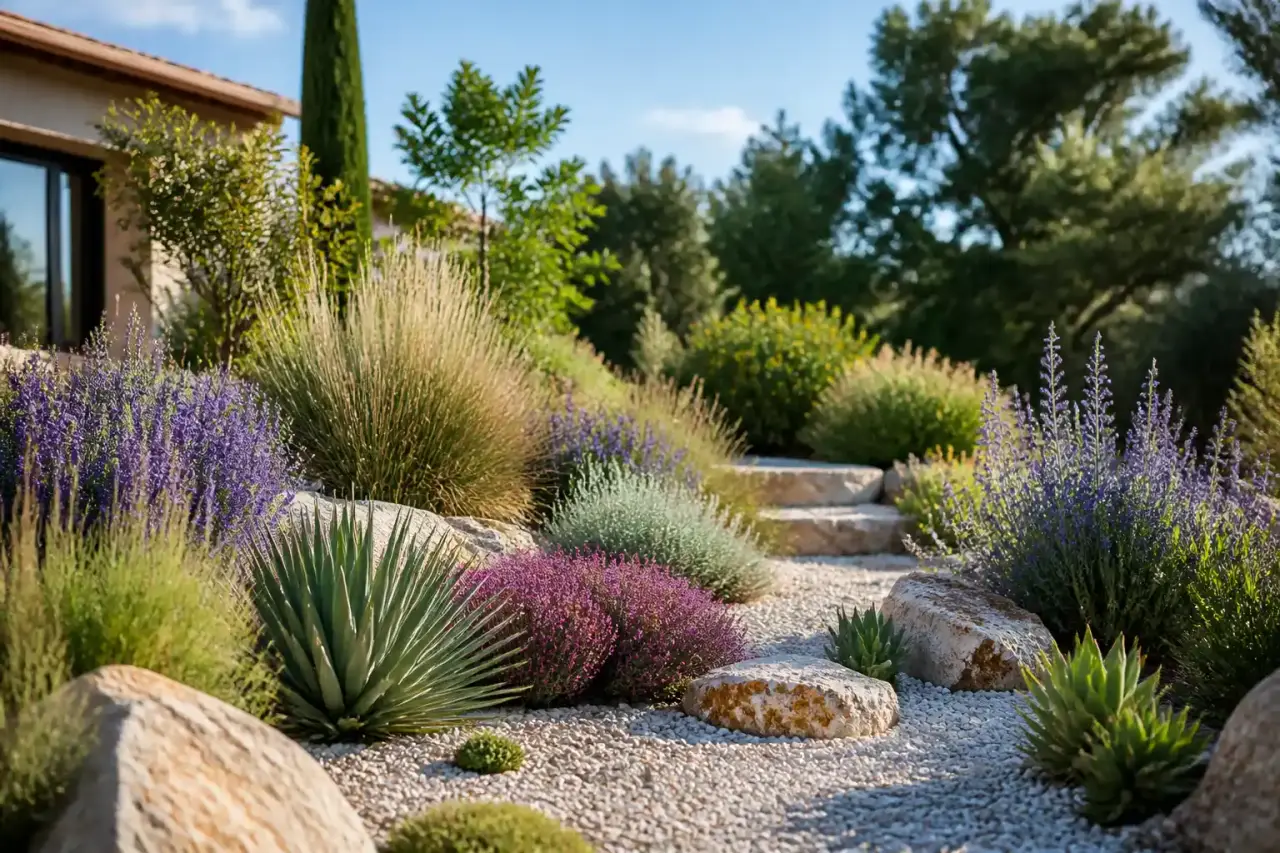Salon lumineux ouvert sur un jardin paysager sec et élégant en climat tempéré