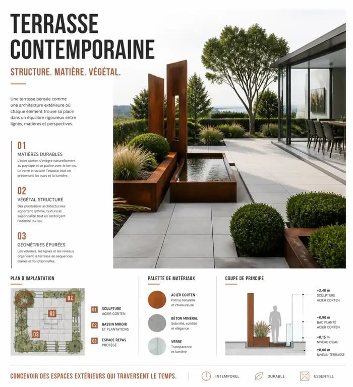 Décoration de jardin originale contemporaine avec acier corten et structure graphique