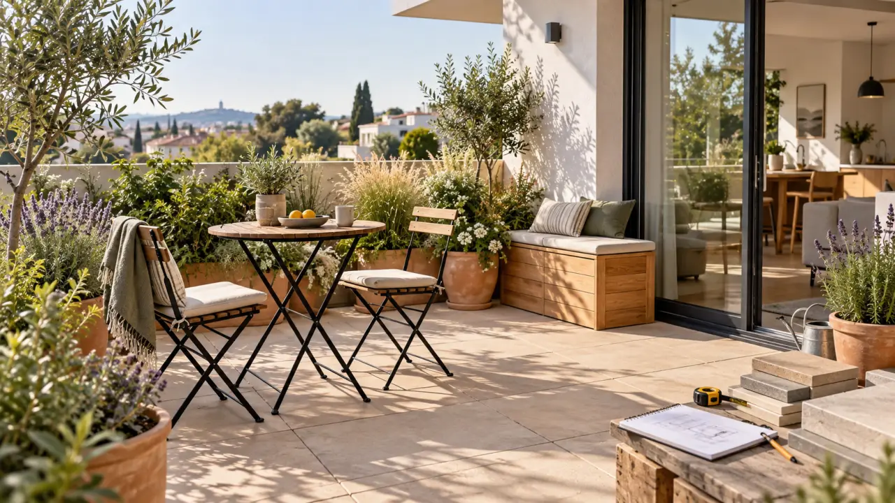 Terrasse accueillante aménagée avec des matériaux naturels et un mobilier sobre