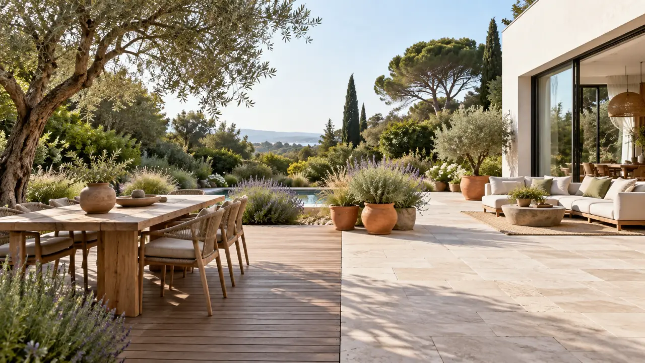 Terrasse extérieure associant matériaux naturels, végétation et mobilier chaleureux