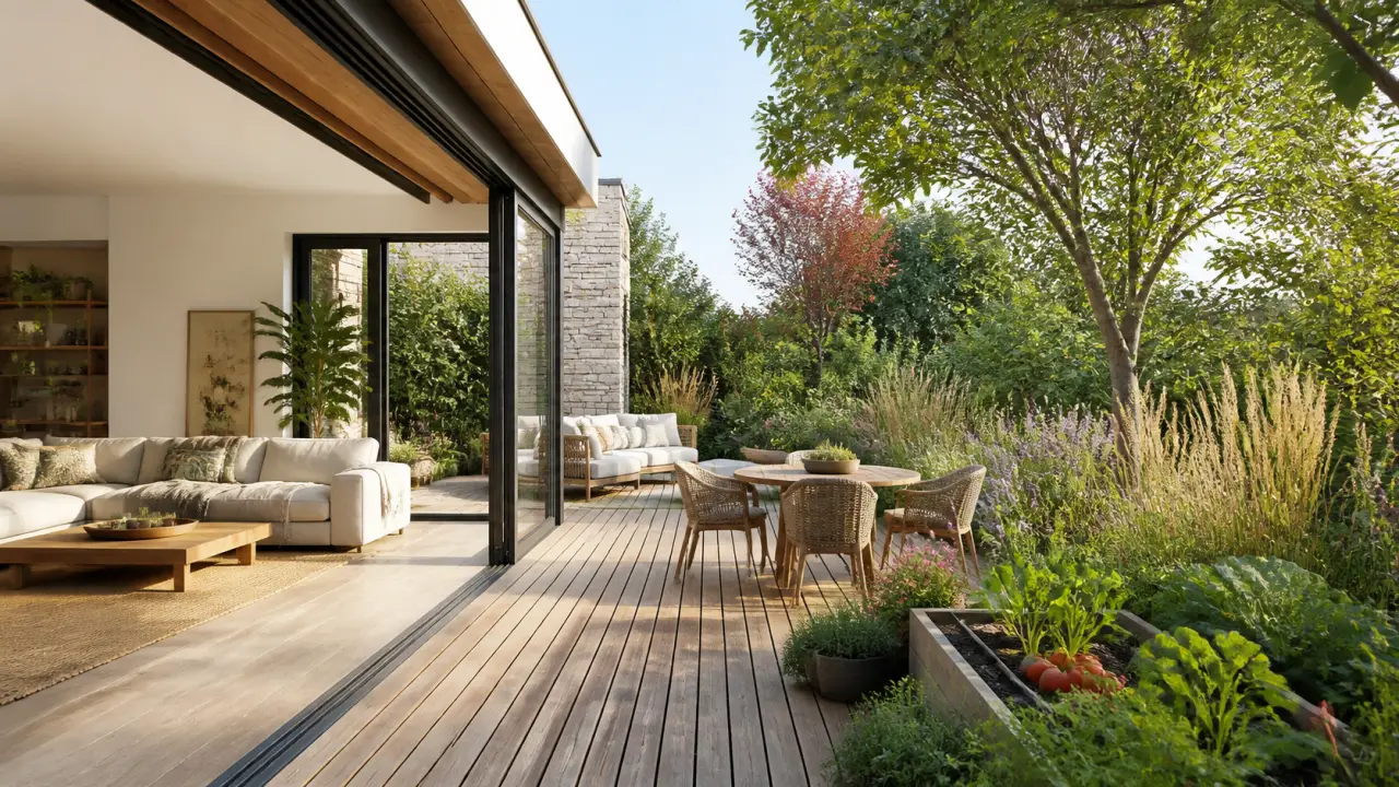 Salon lumineux ouvert sur un jardin paysager luxuriant, dans une ambiance élégante et chaleureuse