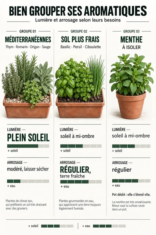 Jardinières de plantes aromatiques regroupées selon leurs besoins en soleil et en arrosage