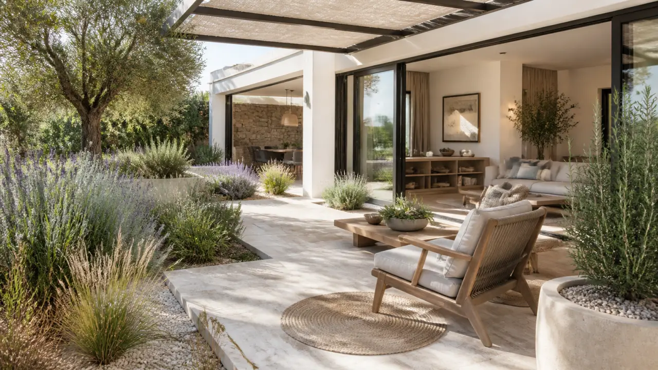 Terrasse lumineuse et végétalisée ouverte sur un jardin paysager