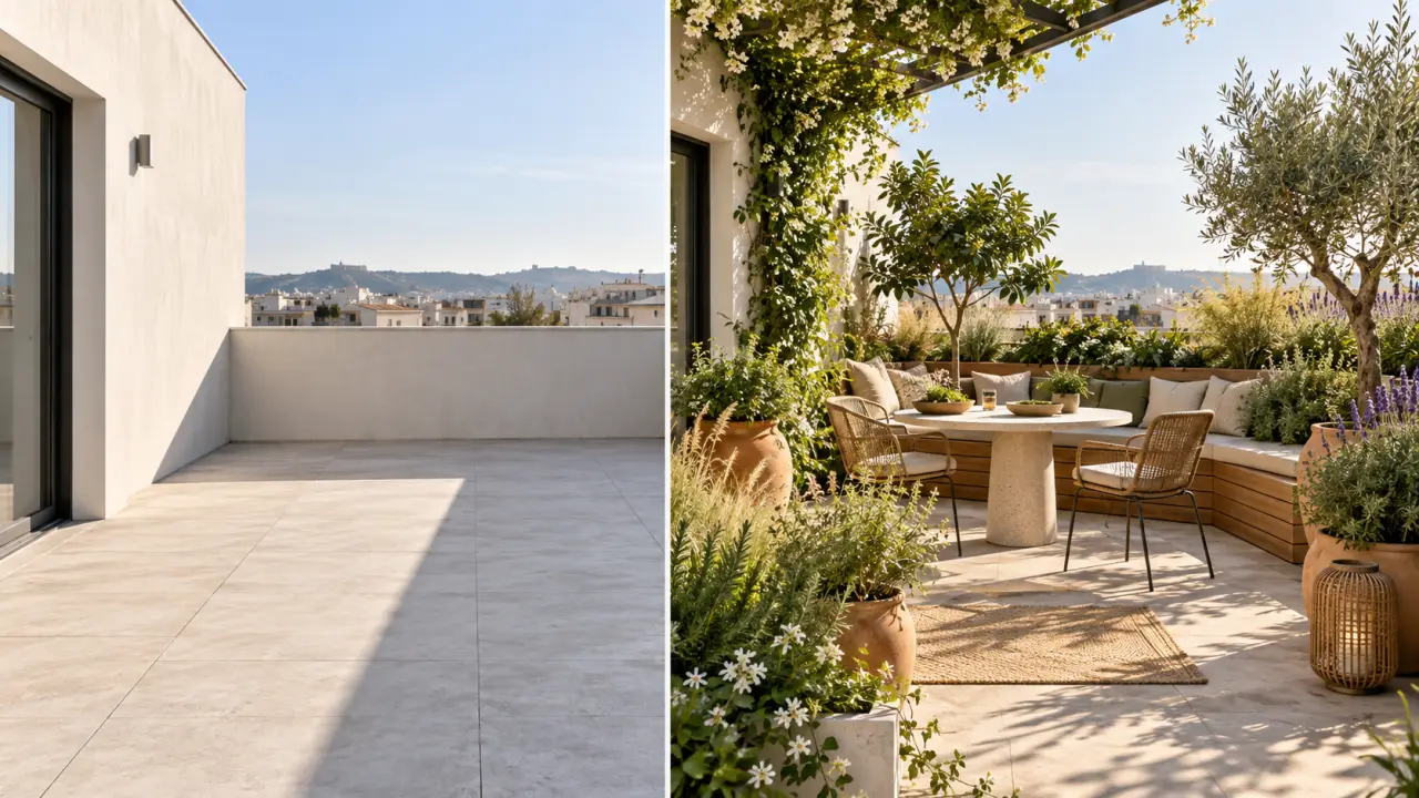 Terrasse nue transformée en jardin paysager avec plantations et espace de détente