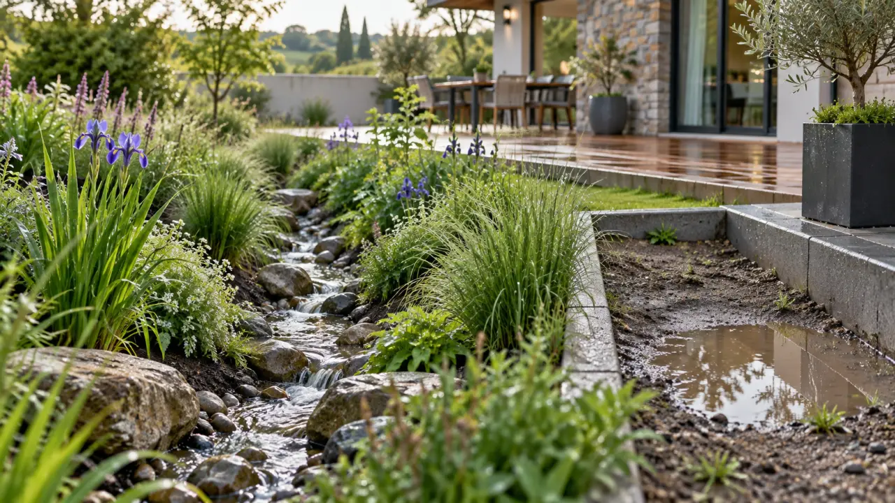 Jardin de pluie paysager recueillant naturellement les eaux pluviales