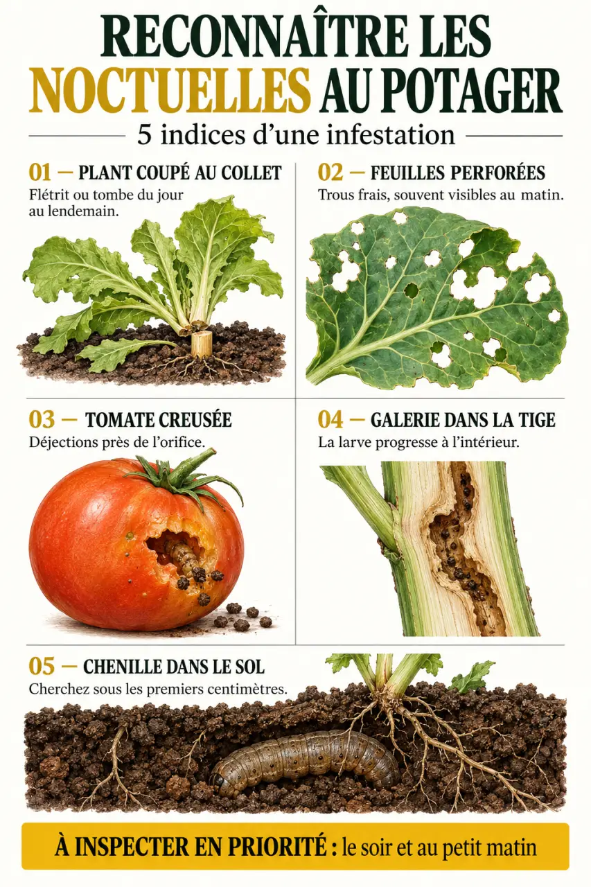 Dégâts de noctuelles sur jeunes plants, feuilles, tomates et tiges au potager