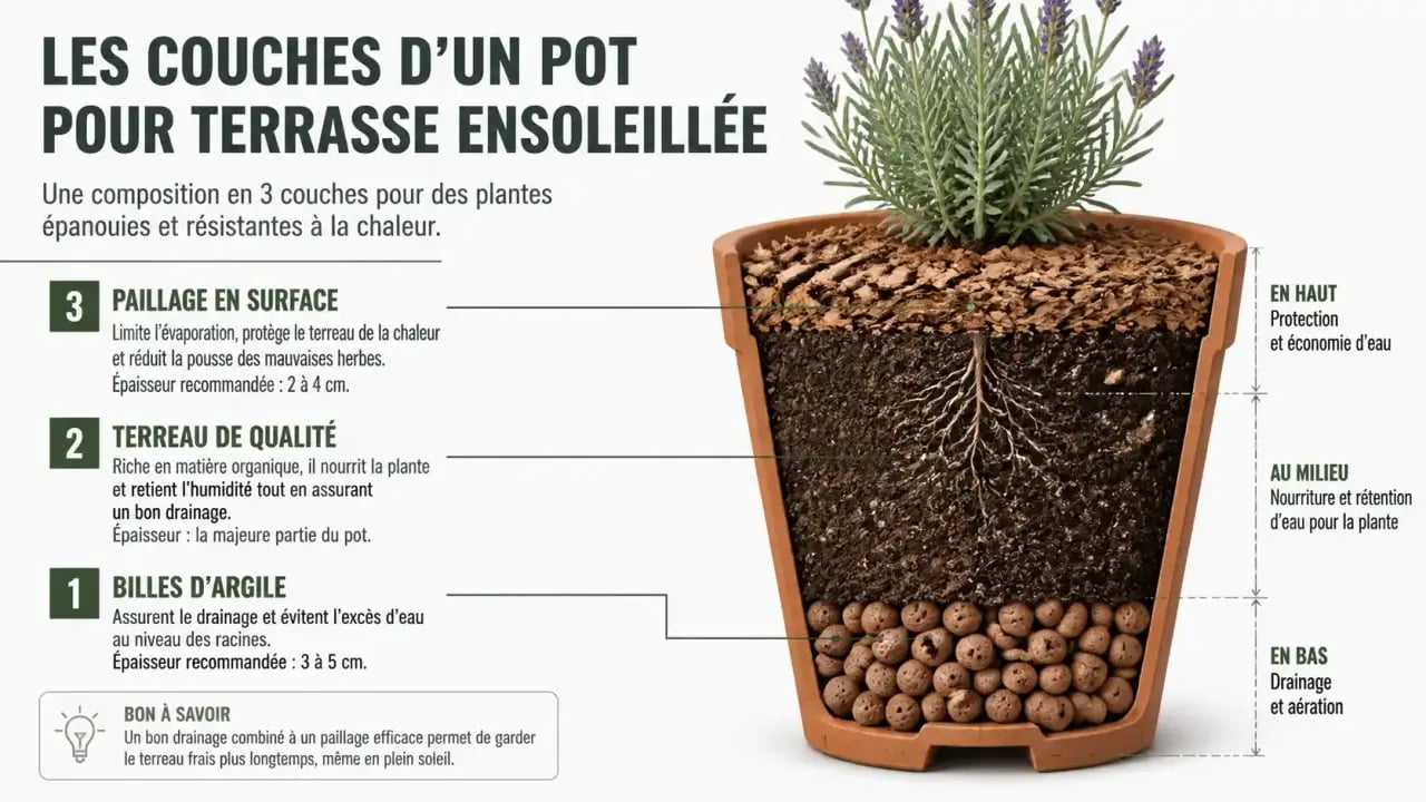 Schéma de plantation en pot pour terrasse ensoleillée avec drainage et paillage