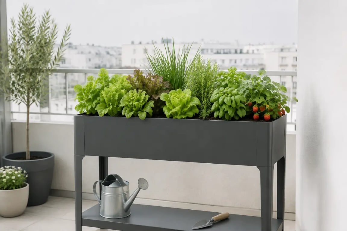 Potager sur pied sur balcon avec aromatiques et salades