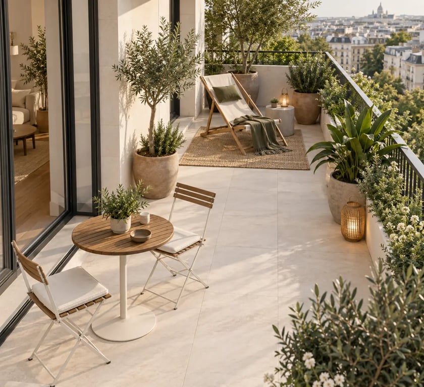 Décoration balcon extérieur avec coin repas et espace détente végétalisé