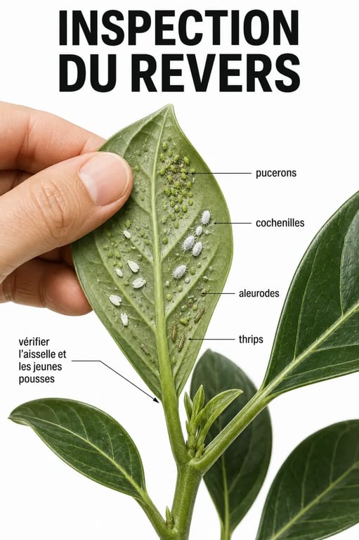 Maladie des plantes vertes : inspection du revers des feuilles avec pucerons, cochenilles, aleurodes et thrips sur une plante verte