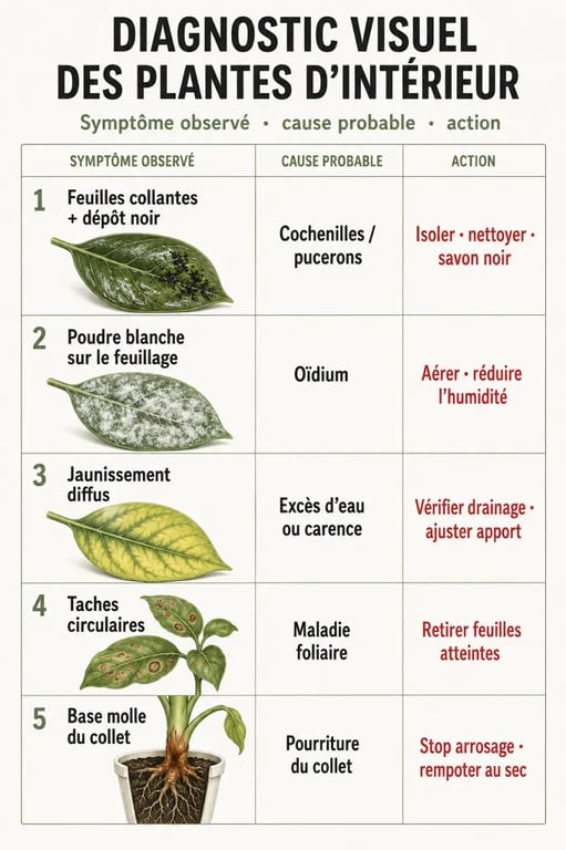 Maladie des plantes vertes : tableau visuel comparant feuilles collantes, poudre blanche, taches et jaunissement sur plantes d’intérieur