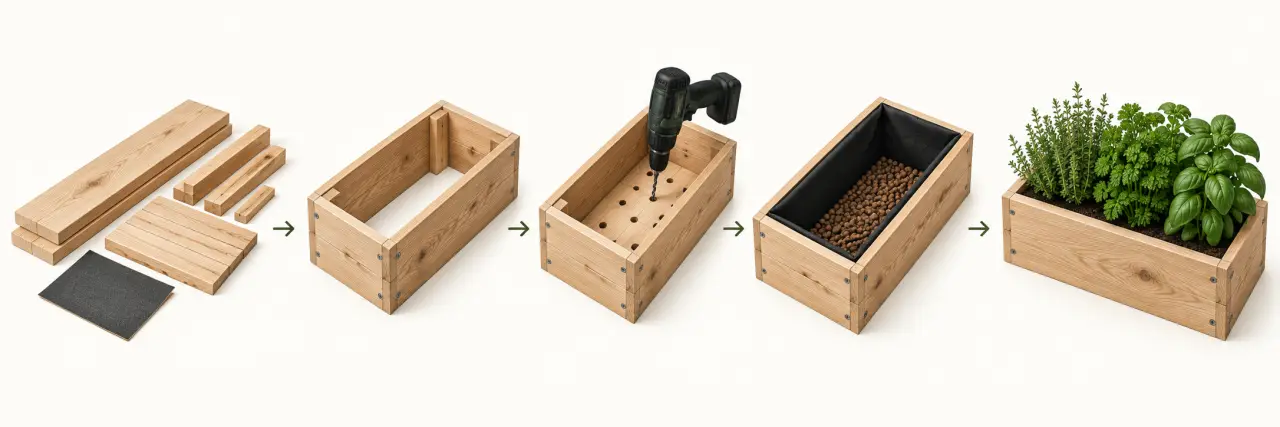 Étapes illustrées pour fabriquer un bac pour plantes aromatiques en bois