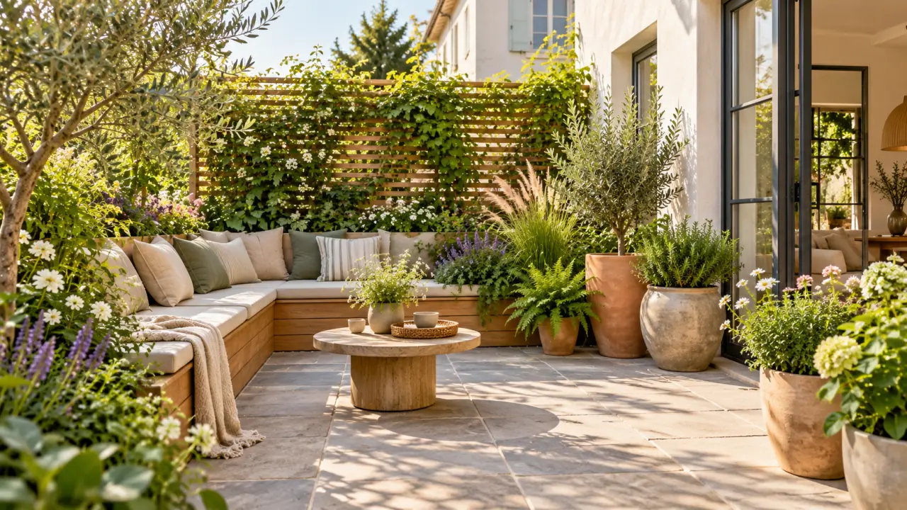 Petit jardin de poche aménagé avec des plantes, des graminées et un coin de repos
