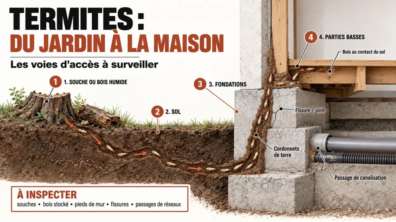 Infographie sur les termites dans jardin mais pas dans maison et les voies de passage vers les fondations