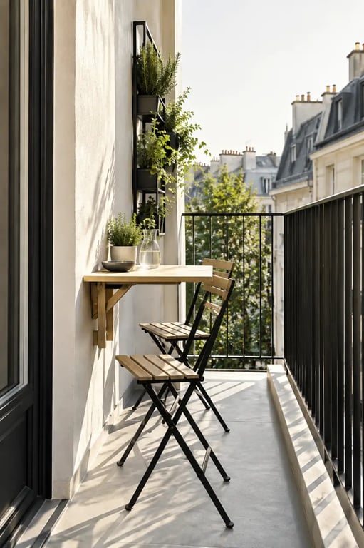Décoration balcon extérieur étroit avec table pliante et plantes verticales