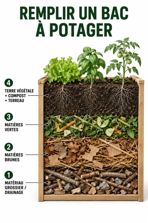 Remplissage en quatre couches d’un bac à potager avant la plantation