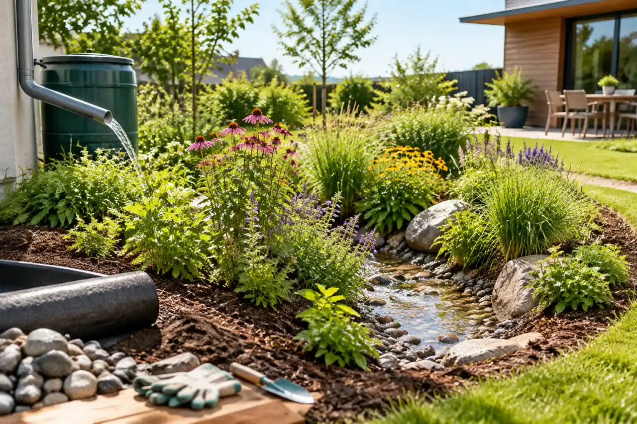 Jardin de pluie végétalisé recueillant naturellement les eaux de pluie près d'une maison