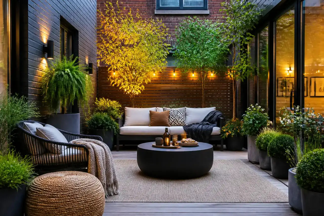 Salon lumineux ouvert sur un patio paysager et verdoyant