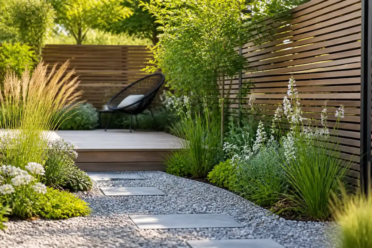 Jardin design composé de bois, graviers et vivaces