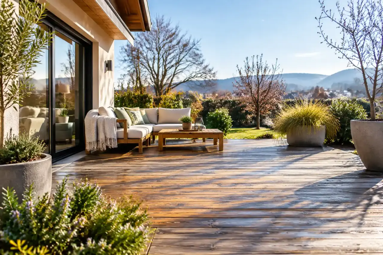 Terrasse en bois aménagée avec un salon extérieur et des plantes autour