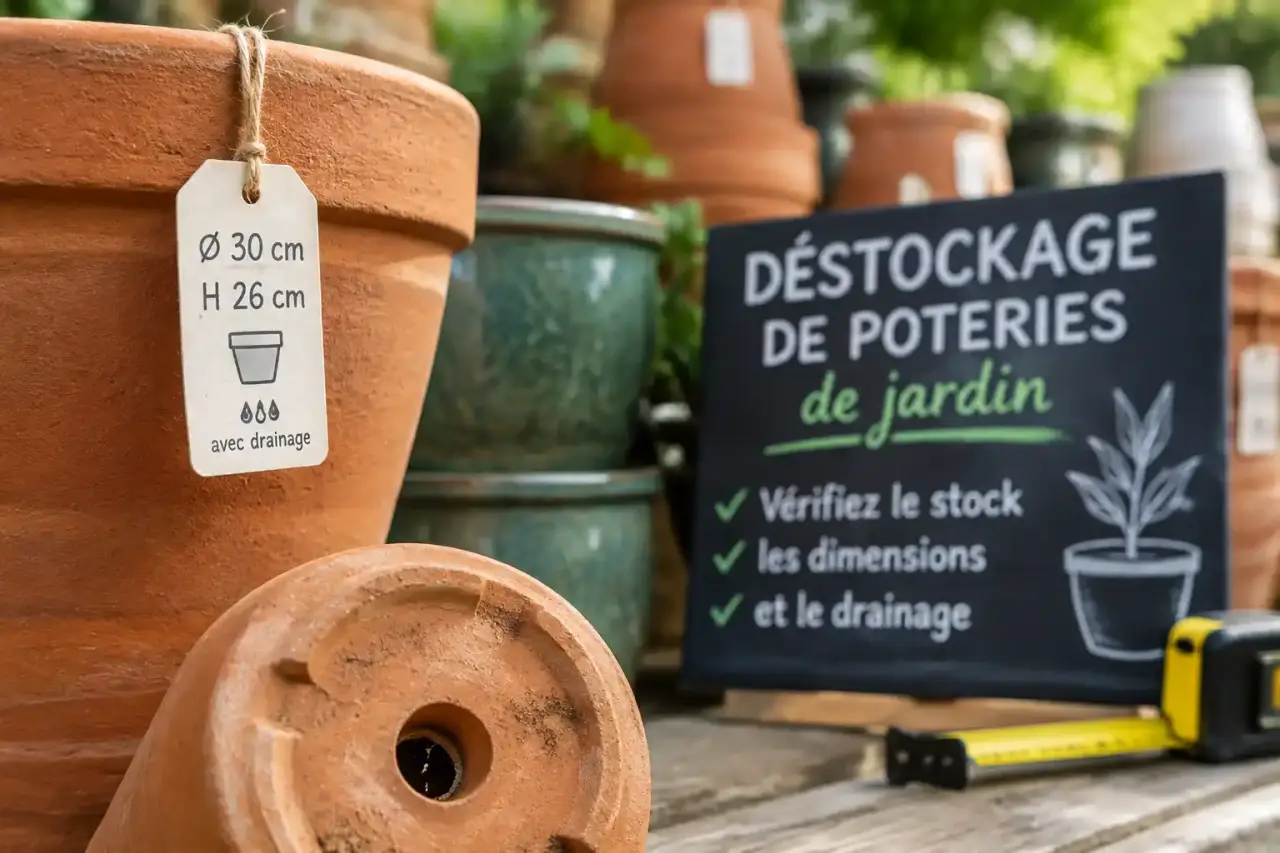 Déstockage de poteries de jardin : vérifiez le stock, les dimensions et le drainage