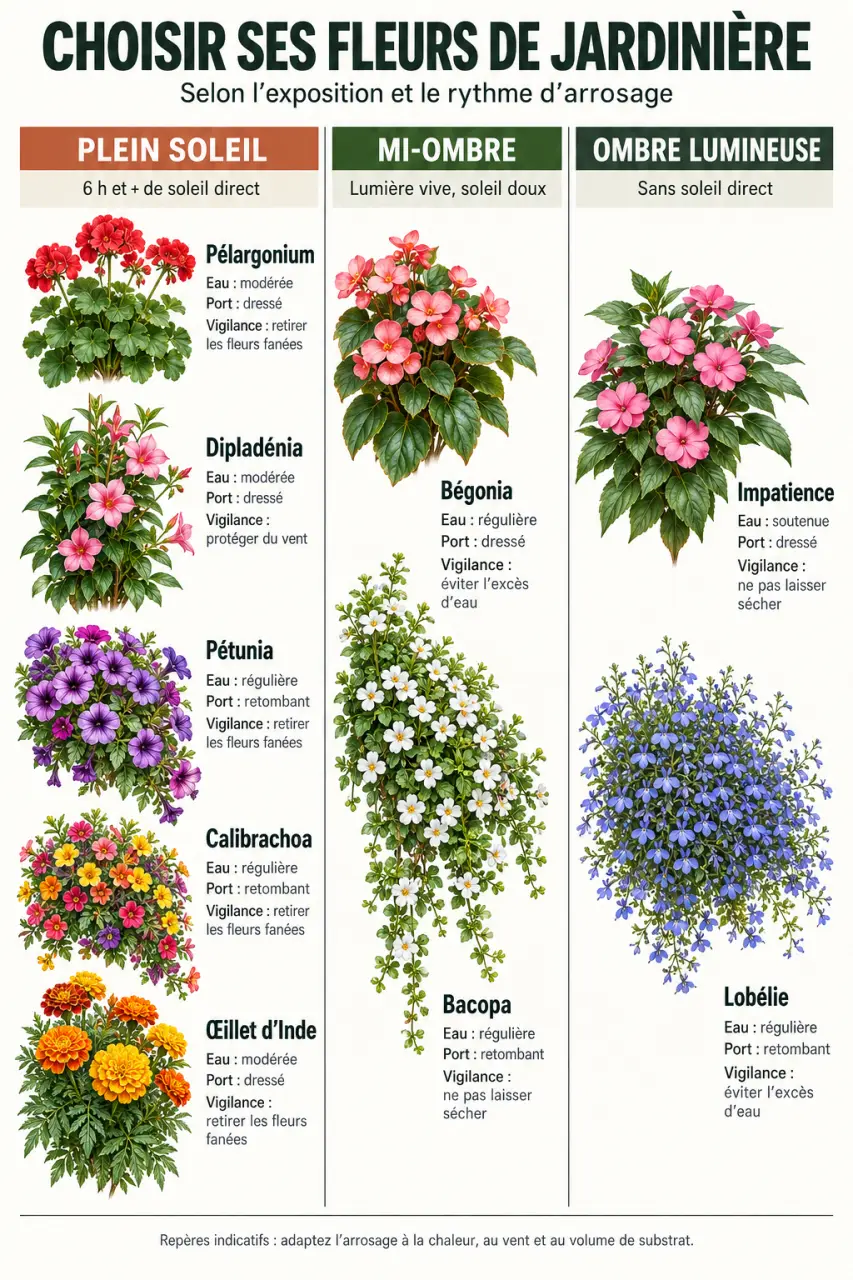 Infographie des fleurs pour jardinière selon l’exposition et les besoins en arrosage