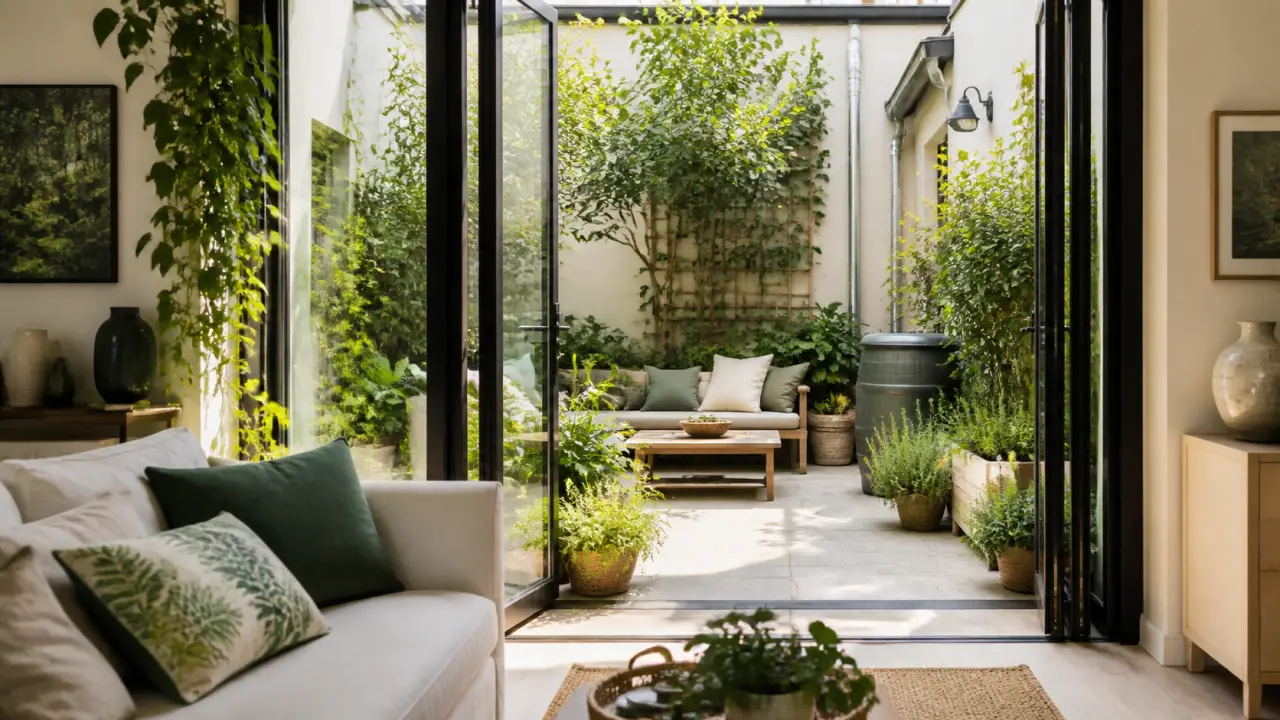 Patio transformé en refuge végétal lumineux avec feuillages luxuriants et assises naturelles