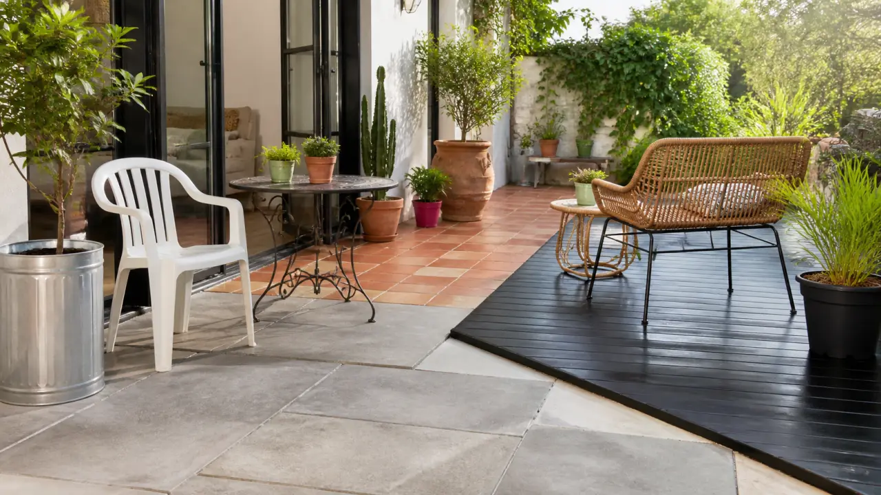 Patio élégant avec matières naturelles, lignes sobres et ambiance lumineuse