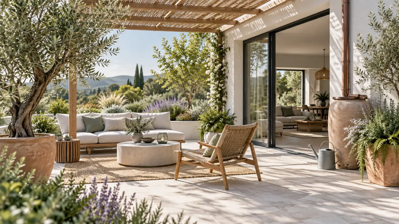 Patio ombragé aménagé avec des matériaux naturels, des plantes et un mobilier confortable