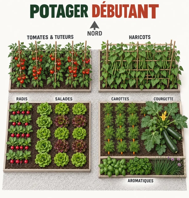 Plan de potager débutant organisé en quatre zones avec allées et légumes faciles