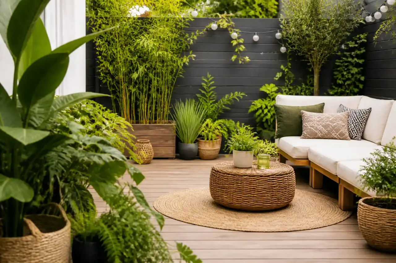 Un patio moderne et chaleureux avec un sol en gravier géométrique et des plantes luxuriantes