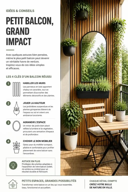 Idée de décoration de jardin originale pour petit balcon avec miroir et plantes suspendues