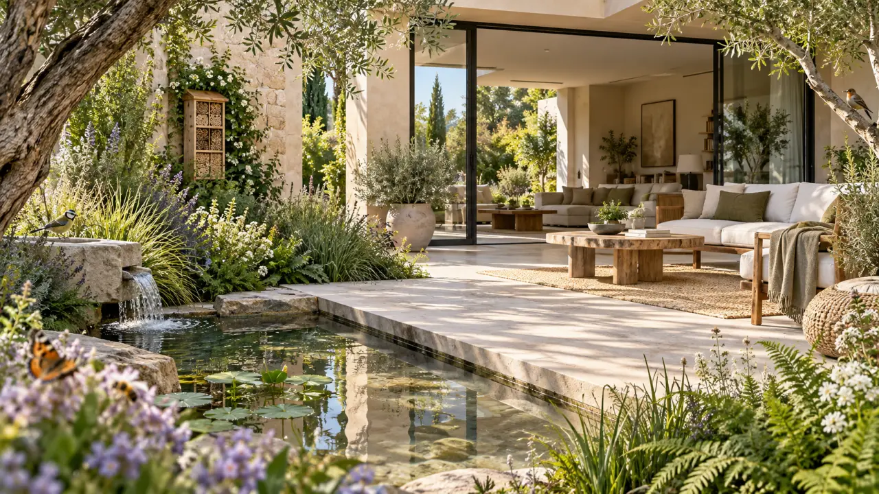 Patio végétalisé et accueillant conçu comme un refuge pour la biodiversité
