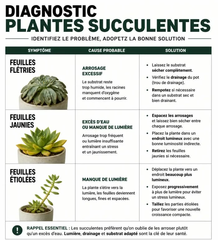 Diagnostic visuel des problèmes courants des plantes succulentes d'intérieur