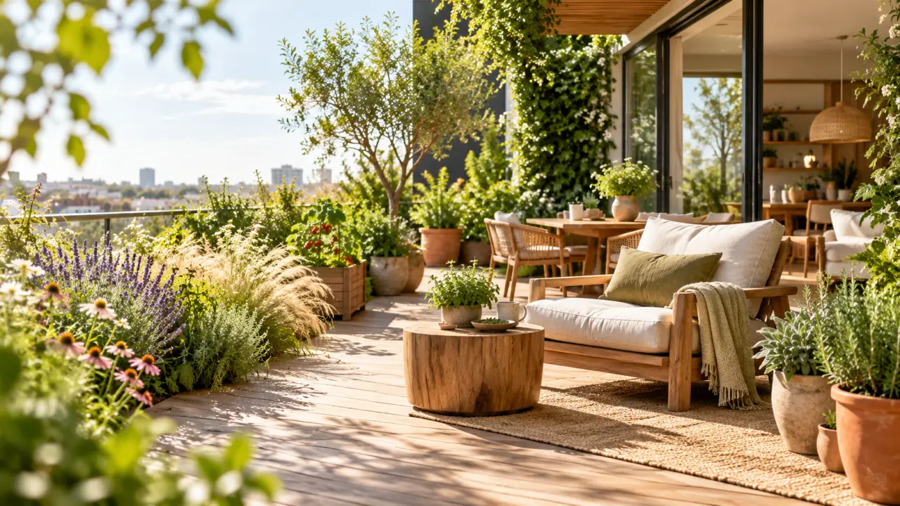 Terrasse aménagée comme un jardin refuge avec plantes, mobilier naturel et lumière douce