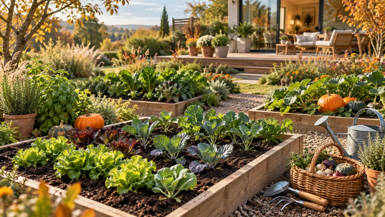 Potager d’automne organisé avec des légumes, du paillage et des plantations de saison
