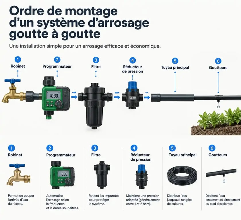 Schéma des composants d'un système d'arrosage automatique goutte à goutte